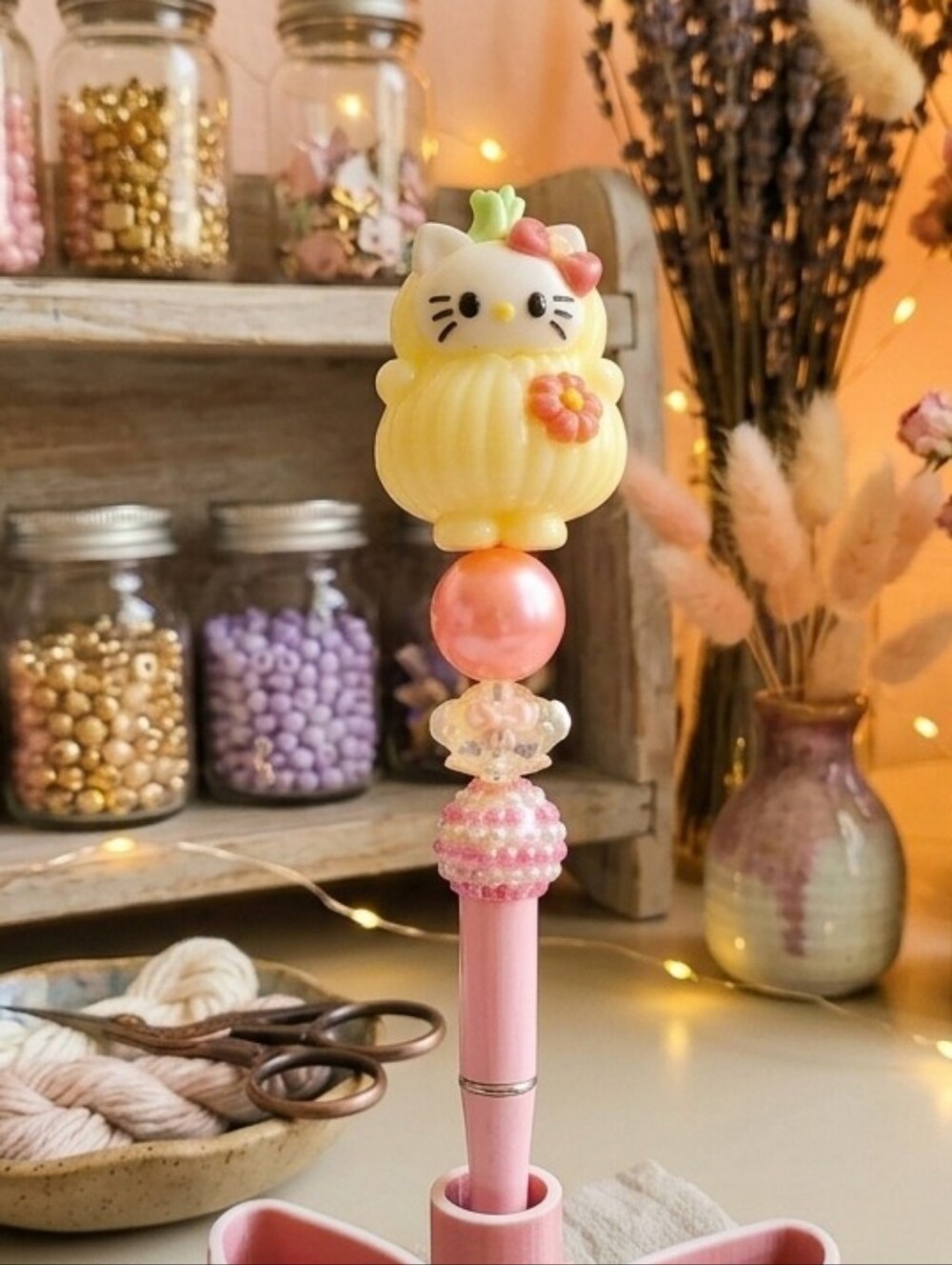 Cute Pink / Yellow Hello Kitty Topper Ballpoint Pen In Beadable Pen